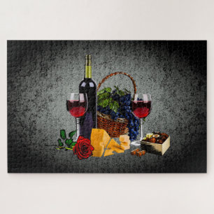 Wine bottle/grapes/basket, cheese/chocolate,Silver Jigsaw Puzzle