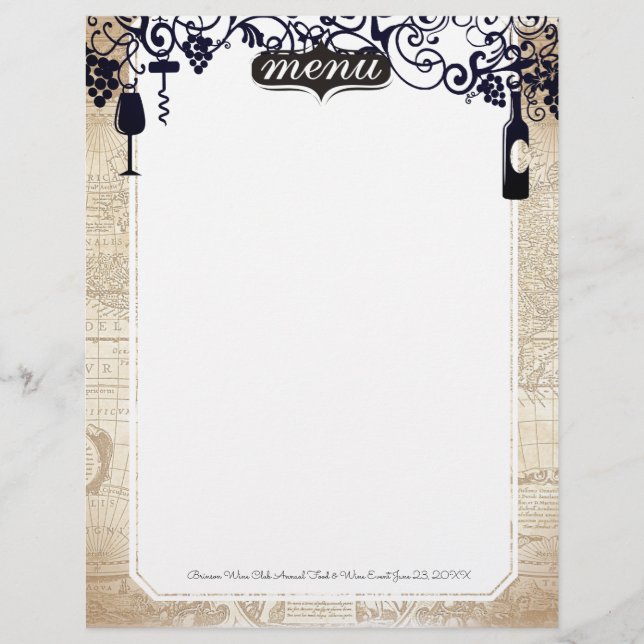 Wine bottle grapes gourmet food menu letterhead (Front)