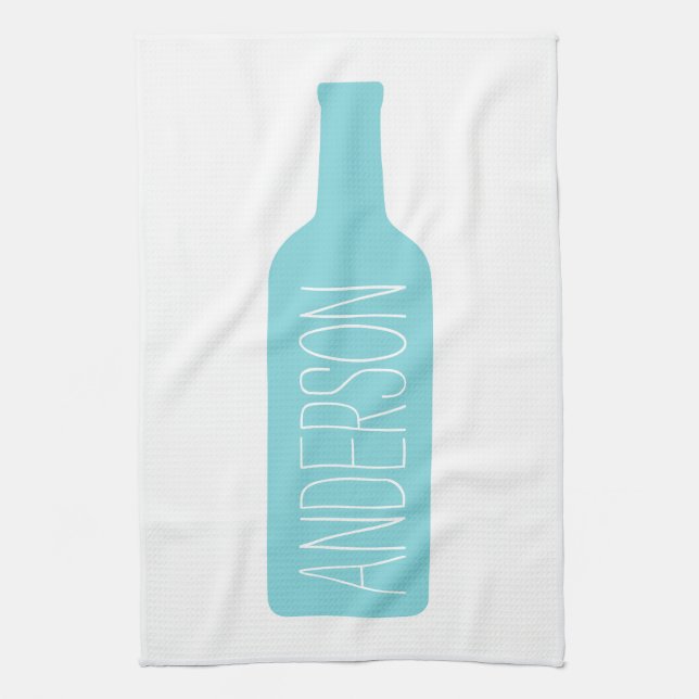 Wine Bottle Illustration - Modern White Name Kitchen Towel (Vertical)