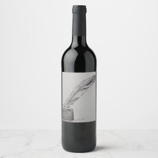 Wine bottle label, Feather n ink, Wedding feather Wine Label (Front)