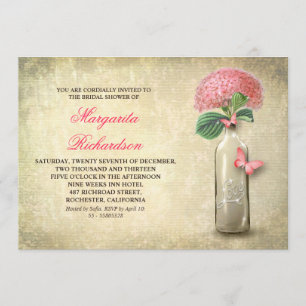 Wine bottle & pink flowers bridal shower invites
