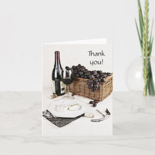 wine bottle, wine glass and cheese thank you note card