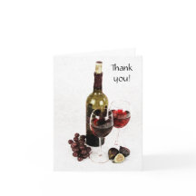 wine bottle, wine glass and fruit thank you note