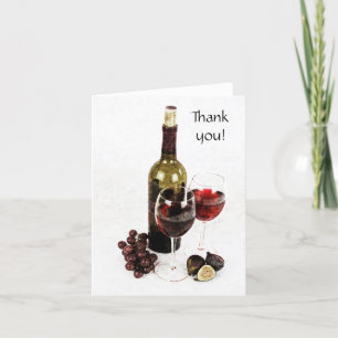 wine bottle, wine glass and fruit thank you note