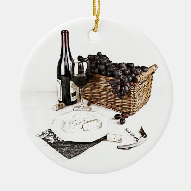 Wine bottle, wine glasses and basket of grapes ceramic ornament (Front)