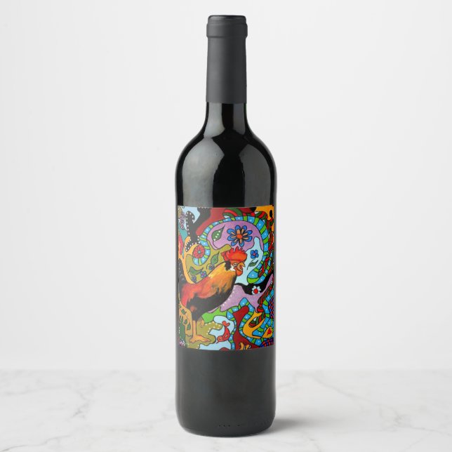 Wine bottle with colorful labeling of a rooster. label (Front)