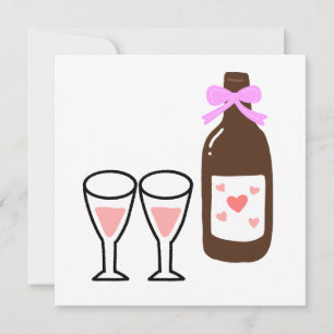 Wine Bottle With Pink Ribbon And Glasses Invitation