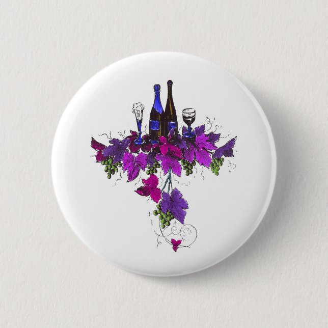 Wine bottles against purplish leaves 2 inch round button (Front)