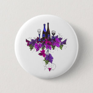 Wine bottles against purplish leaves 2 inch round button