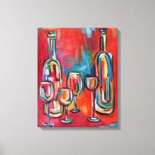 Wine Bottles and Glasses Red Blue Canvas Print