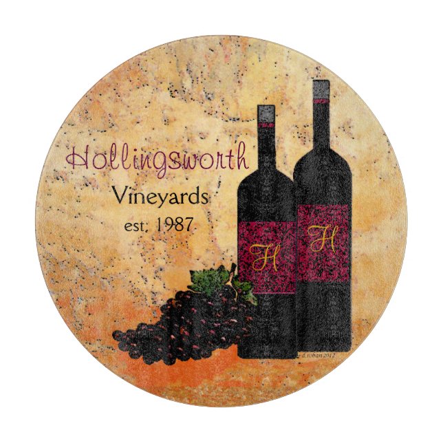 Wine Bottles and Grapes Monogrammed Cutting Board (Front)