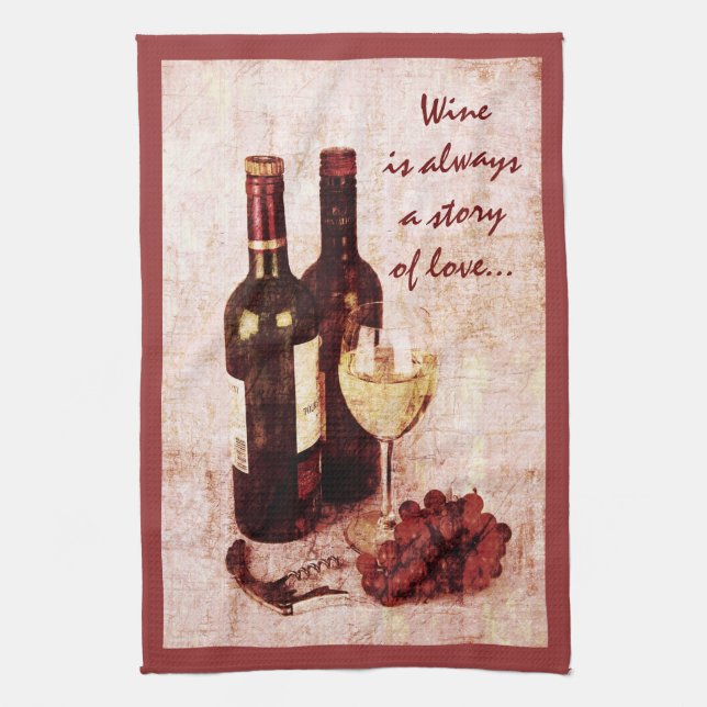 Wine bottles, grapes and wine glass kitchen towel (Vertical)