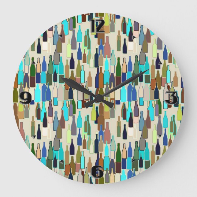 Wine bottles, multi color, beige background large clock (Front)