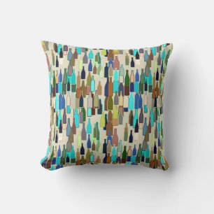 Wine bottles, multi color, beige background throw pillow