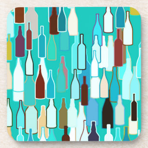 Wine bottles, multi colors, turquoise background coaster
