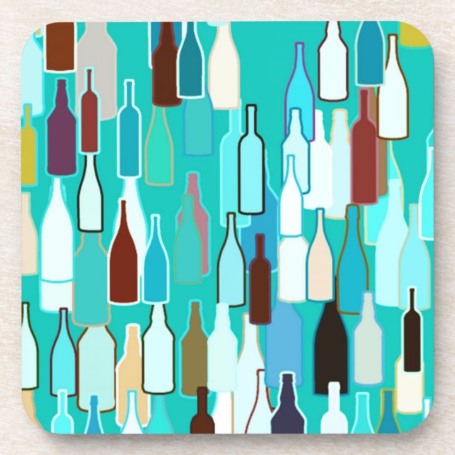 Wine bottles, multi colors, turquoise background coaster (Front)