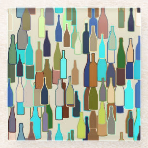 Wine bottles, multi colour, beige background glass coaster