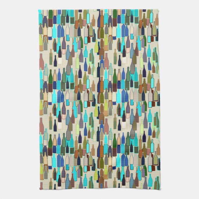 Wine bottles, multi colour, beige background kitchen towel (Vertical)