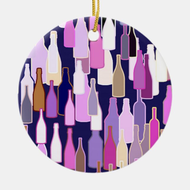 Wine bottles, multi colour, dark blue background ceramic ornament (Front)