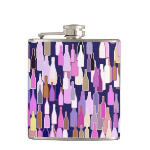 Wine bottles, multi colour, dark blue background hip flask