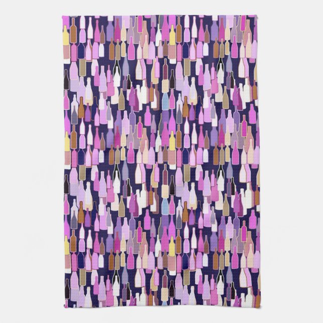 Wine bottles, multi colour, dark blue background kitchen towel (Vertical)