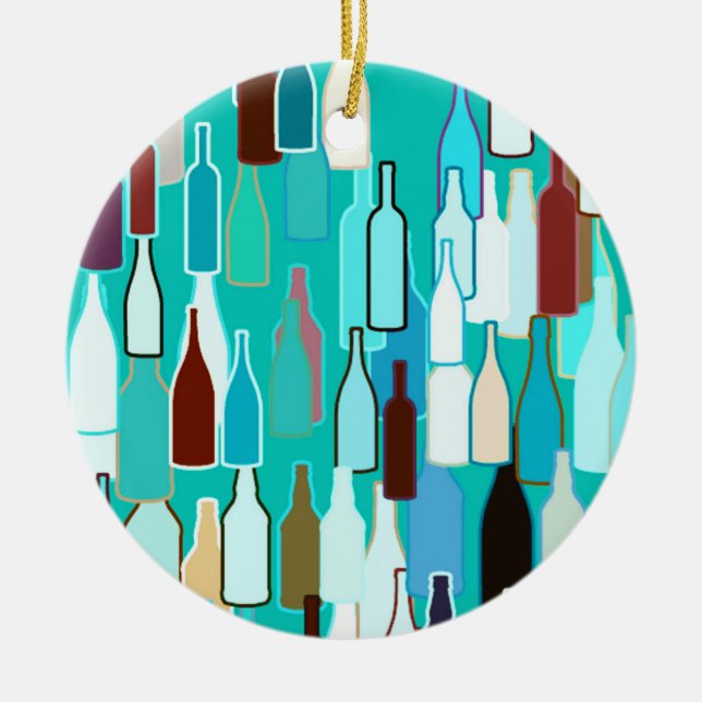 Wine bottles, multi colours, turquoise background ceramic ornament (Front)