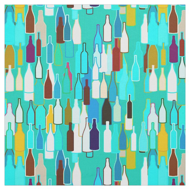 Wine bottles, multi colours, turquoise background fabric (Swatch)