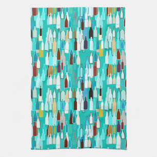 Wine bottles, multi colours, turquoise background kitchen towel