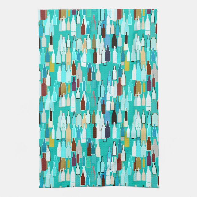 Wine bottles, multi colours, turquoise background kitchen towel (Vertical)