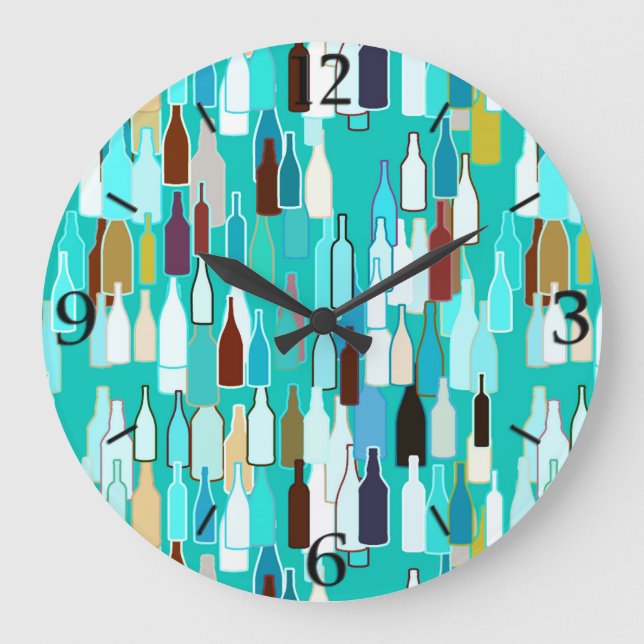 Wine bottles, multi colours, turquoise background large clock (Front)