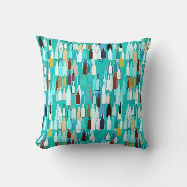 Wine bottles, multi colours, turquoise background throw pillow (Front)