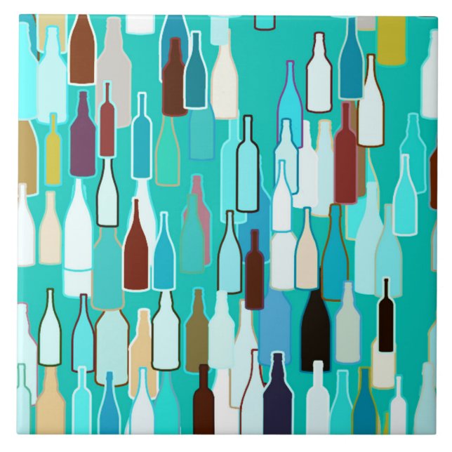 Wine bottles, multi colours, turquoise background tile (Front)