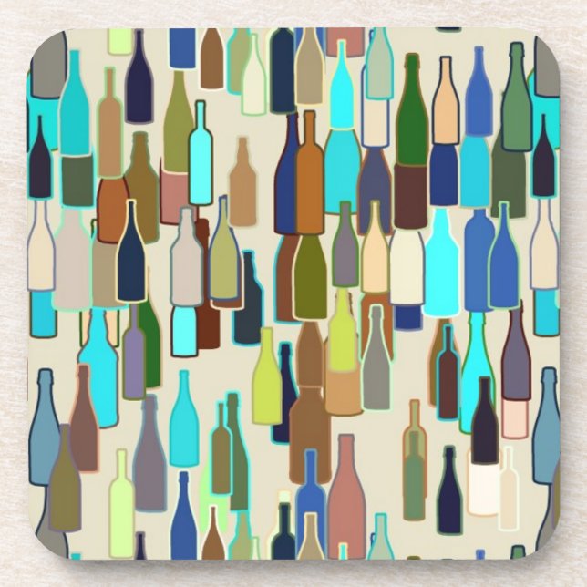 Wine bottles pattern, multi colour, beige backgrou coaster (Front)