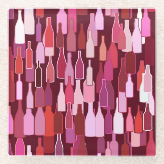 Wine bottles, shades of plum, burgundy background glass coaster (Front)
