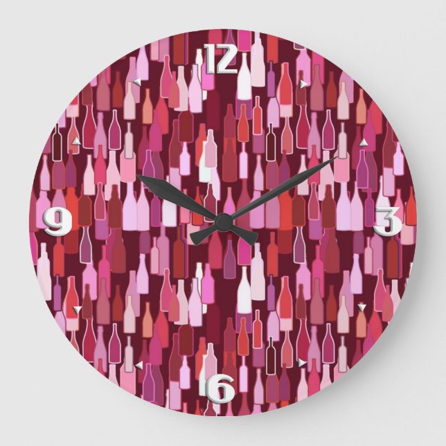 Wine bottles, shades of plum, burgundy background large clock (Front)