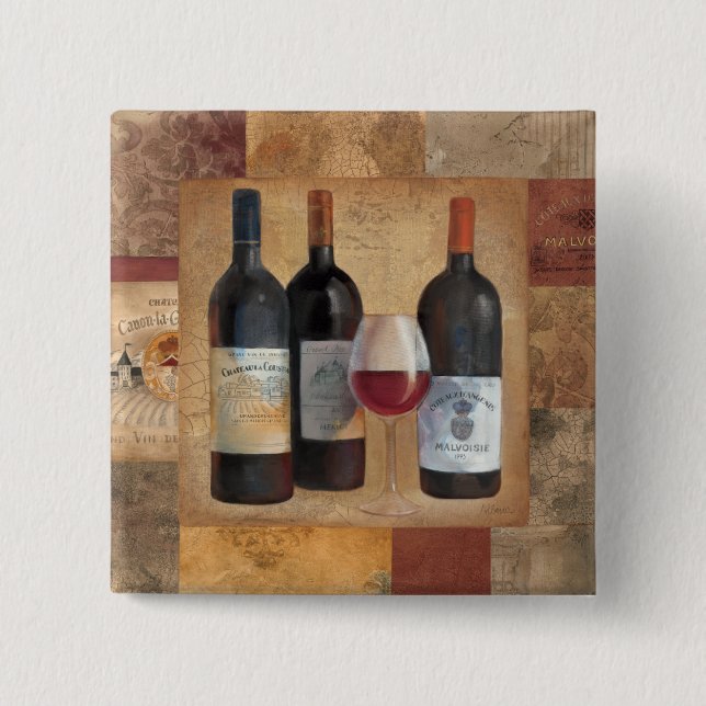 Wine Bottles with Glass 2 Inch Square Button (Front)