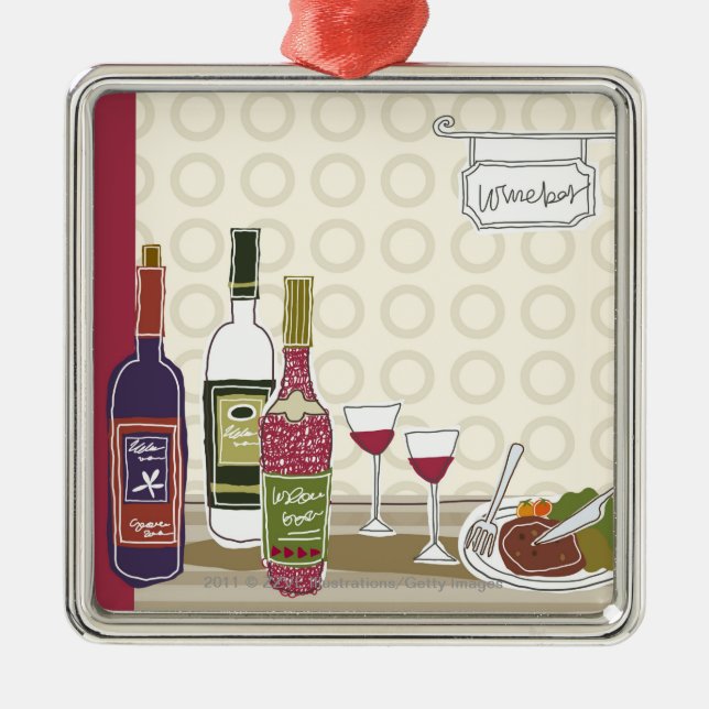 Wine bottles with wineglasses on table metal ornament (Front)