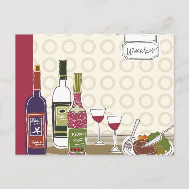 Wine bottles with wineglasses on table postcard (Front)