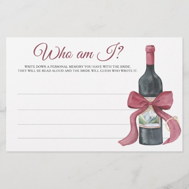 Wine & Bow Bridal shower Who am I game Stationery (Front)
