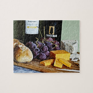 Wine Bread Cheese and Grapes Still Life Jigsaw Puzzle