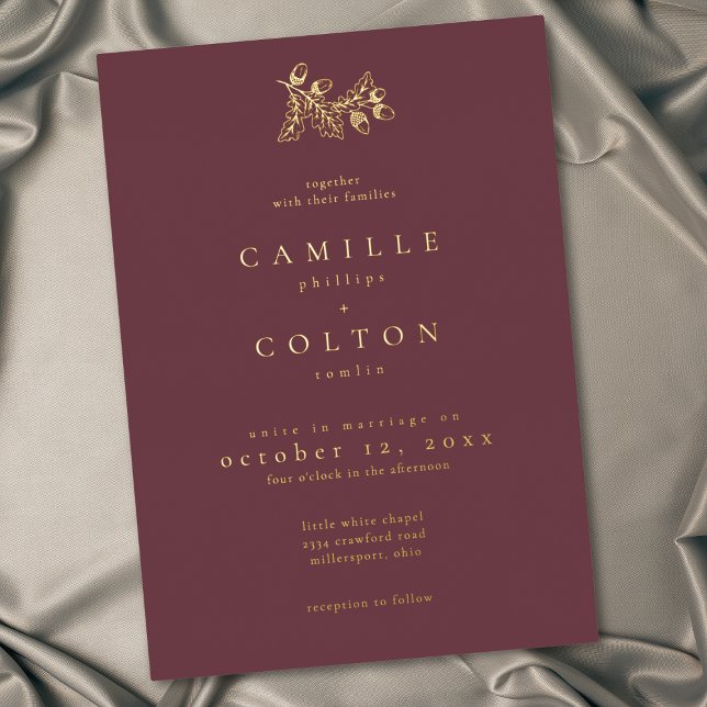 Wine Burgundy Minimalist Leaf Acorn Fall Wedding (Wine Burgundy Minimalist Leaf Acorn Fall Wedding Foil Invitation)