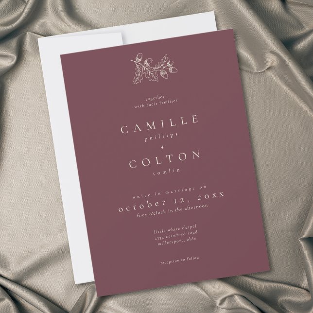 Wine Burgundy Minimalist Leaf Acorn Fall Wedding Invitation (Creator Uploaded)