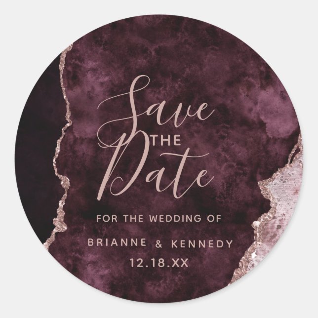 Wine Burgundy Rose Gold Agate Marble Save the Date Classic Round Sticker (Front)