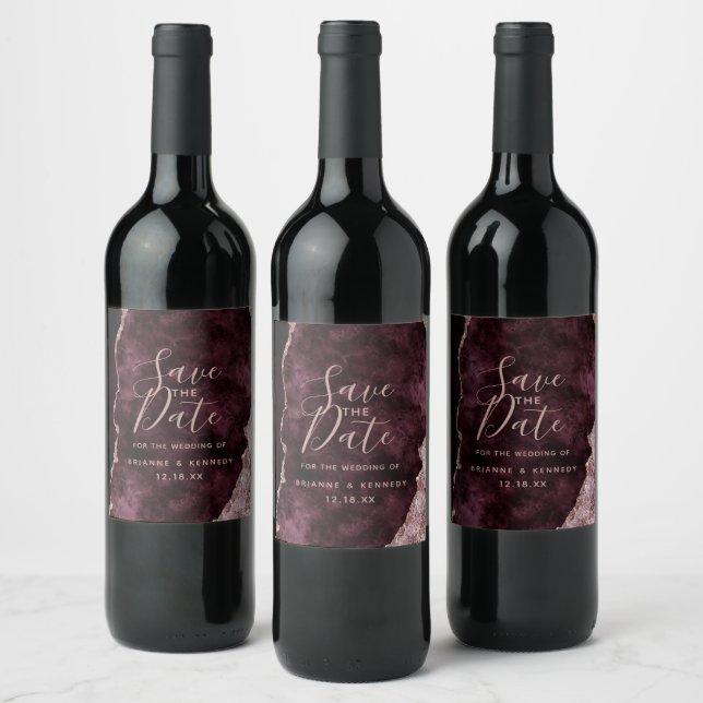 Wine Burgundy Rose Gold Agate Marble Save the Date Wine Label (Bottles)