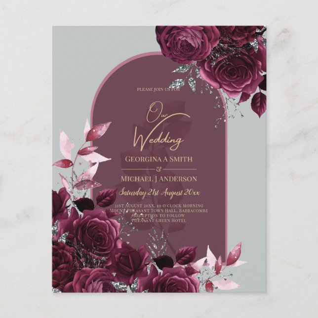 Wine Burgundy Roses Gold Text Wedding INVITE (Front)