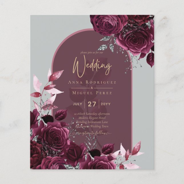 Wine Burgundy Roses Gold Text Wedding INVITE Flyer (Front)