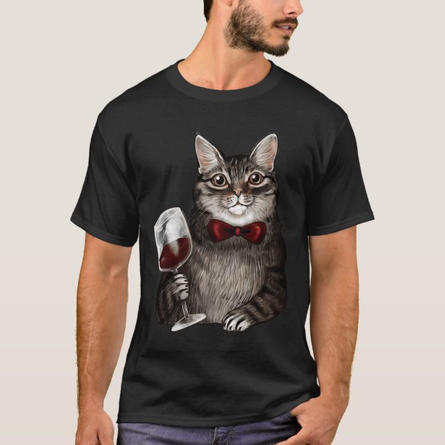 Wine Cat Grey Tabby T-Shirt (Front)