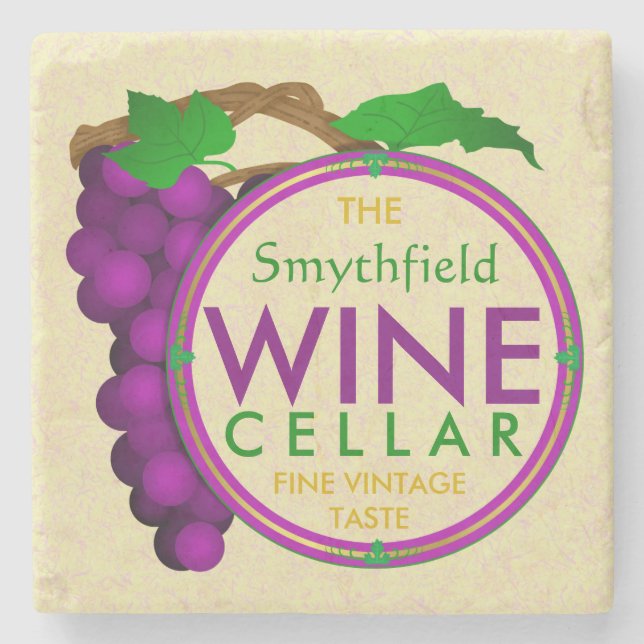 Wine Cellar Purple Grapes Personalized Family Name Stone Coaster (Front)