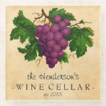 Wine Cellar Vintage Grapes Add Personalized Name Glass Coaster<br><div class="desc">Create your own, custom vintage wine cellar glass coaster with this easy template. This elegant drink coaster has an antique cluster of purple grapes, recolored and brightened so they contrast nicely against the aged, slightly stained parchment background. The text reads [Your Name's] Wine Cellar, established [year]. All text can be...</div>
