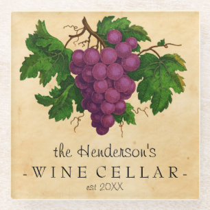Wine Cellar Vintage Grapes Add Personalized Name Glass Coaster